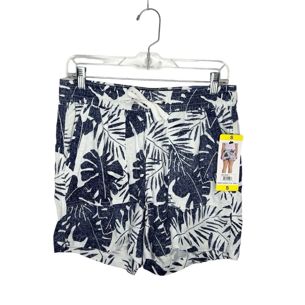 NAUTICA  / white blue palm floral printed pull on linen blend shorts / S